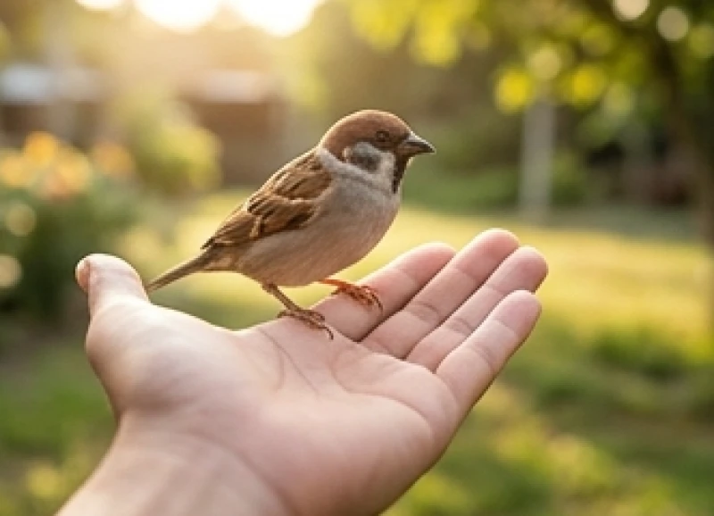 Chú chim sẻ nhỏ nhắn hiền hòa đậu nán lại trên lòng bàn tay người, biểu tượng sinh động cho may mắn và lộc lá nho nhỏ