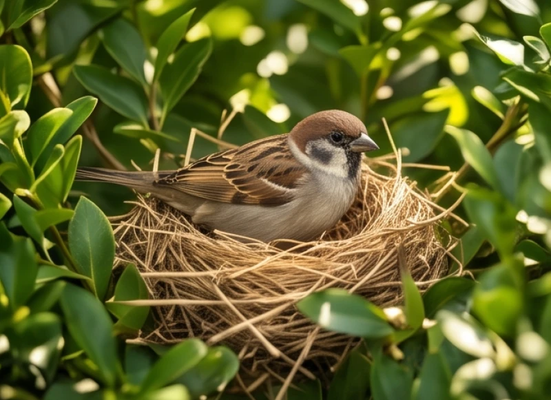 Mơ thấy tổ chim: Giải mã điềm báo cát hung & sổ mơ tài lộc 4 Chú chim sẻ nhỏ nhắn với bộ lông nâu đang ân cần nằm ấp trứng trong chiếc tổ rơm ấm áp giữa tán lá