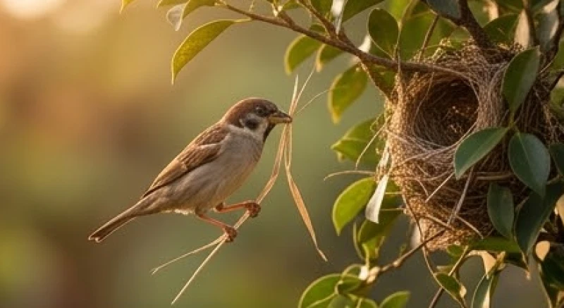 Mơ thấy chim sẻ: Giải mã điềm báo & bảng tra số may mắn 1 Một chú chim sẻ cần mẫn tha nhánh cỏ khô xây tổ trên cành cây, tượng trưng cho điềm lành khi mơ thấy chim sẻ