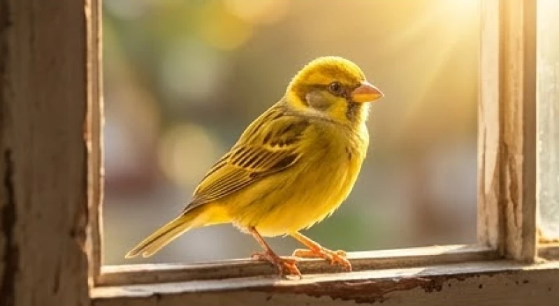 Mơ thấy chim màu vàng: Giải mã bối cảnh & con số may mắn 3 Chú chim sẻ lông vàng óng ả đậu hót líu lo bên ngoài ô cửa sổ ngập tràn ánh nắng ban mai ấm áp