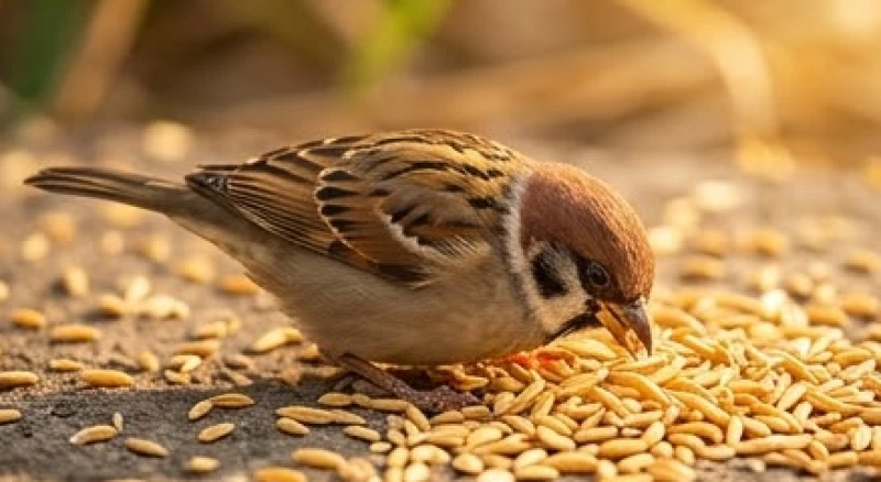 Mơ thấy chim sẻ: Giải mã điềm báo & bảng tra số may mắn 3 Chú chim sẻ béo tròn đang mải mê mổ những hạt thóc vàng ươm rải rác trên nền đất, biểu tượng của sự no đủ và thu hoạch