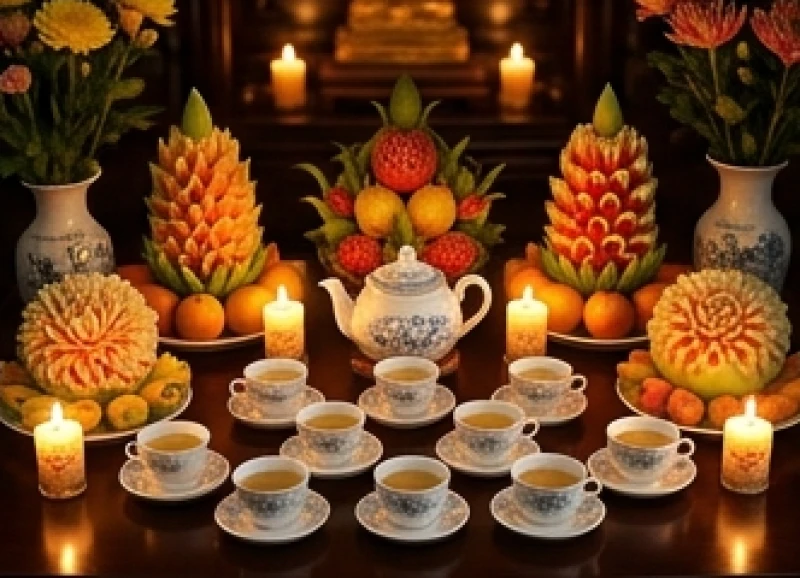 Chín chén trà thanh khiết được dâng lên Cửu vị Tiên Nương trong mâm cỗ chay của Đại lễ Hội Yến.