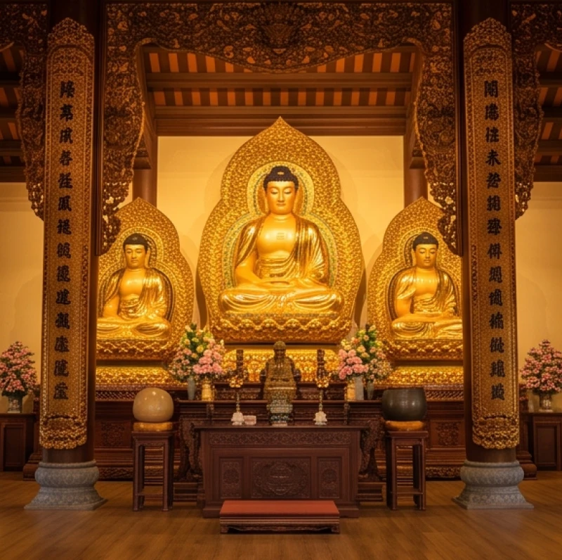 Không gian Đại Hùng Bảo Điện uy nghi tĩnh lặng với hệ thống tượng chư Phật dát vàng lấp lánh dưới ánh đèn