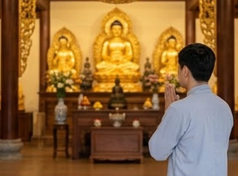 Văn khấn Địa Tạng tại chùa: Hướng dẫn sắm lễ và bài cúng chuẩn 2 Người hành lễ chắp tay trang nghiêm trước chính điện Tam Bảo tĩnh lặng tại ngôi chùa Việt Nam