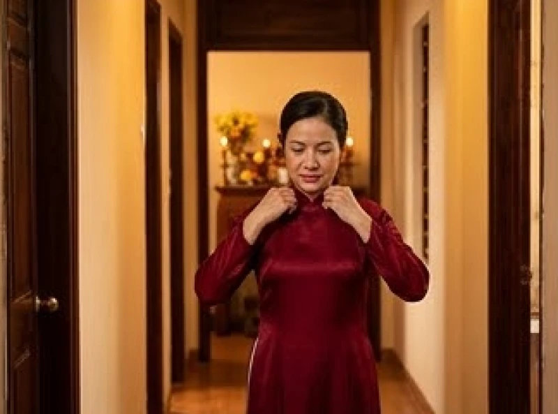 Văn khấn giao thừa trong nhà: Bài cúng chuẩn và quy tắc hành lễ 4 Gia chủ chỉnh đốn lại trang phục áo dài truyền thống cẩn thận trước khi bước vào chiếu cói hành lễ
