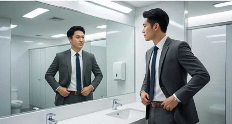 Nam thanh niên đứng trước gương trong phòng thay đồ kín đáo chỉnh lại trang phục để giữ vững phong thái chuyên nghiệp