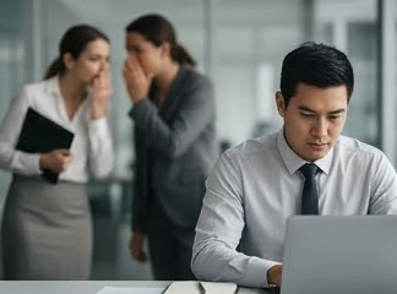 Nhóm nhân viên đang thì thầm to nhỏ trong văn phòng thể hiện sự phức tạp của văn hóa bè phái và thiếu minh bạch