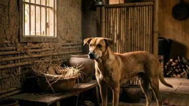 Hình ảnh chó mẹ căng thẳng bên ổ đẻ giúp minh họa cho thắc mắc chó ăn con có điềm gì theo dân gian