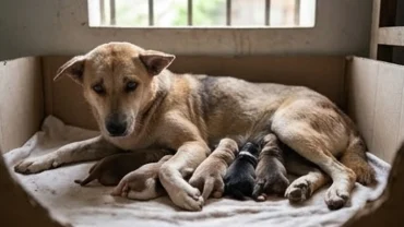 Chó mẹ mệt mỏi nằm canh bầy chó con sơ sinh trong ổ đẻ, gợi lên lo âu chó ăn con là điềm gì trong dân gian