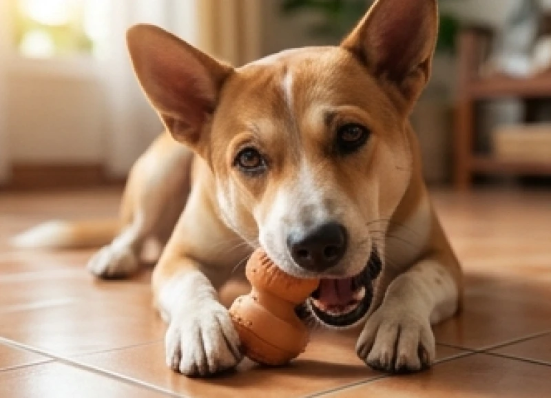 Chú chó cưng đang gặm đồ chơi bằng cao su và được chủ nhân kiểm tra nướu tại nhà