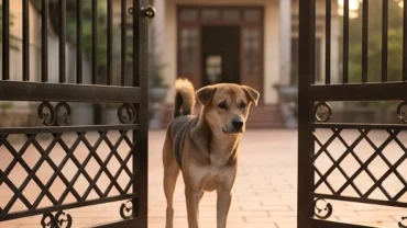 Chú chó đứng buồn bã trước cổng nhà đang mở, hình ảnh quen thuộc khiến nhiều người thắc mắc chó bỏ nhà đi là điềm gì