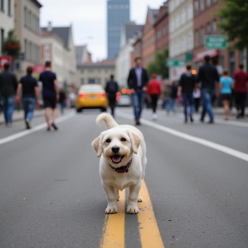 A lost dog looking confused on the street