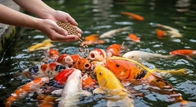 Mơ thấy cá koi: Tra cứu điềm báo theo màu sắc và bộ số tài lộc 3 Đôi bàn tay đang vãi thức ăn cho đàn cá koi bơi lại gần đớp mồi trên mặt hồ nước tĩnh lặng
