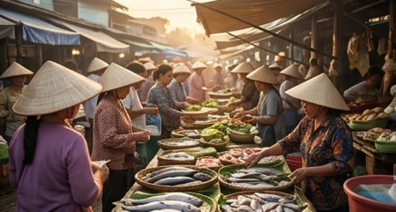 Khung cảnh nhộn nhịp của một khu chợ cá truyền thống vào sáng sớm với nhiều người qua lại