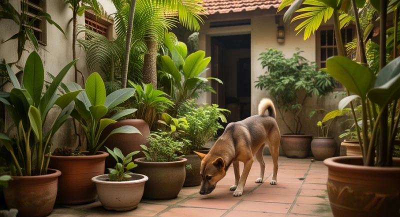 Chú chó tò mò đánh hơi và quan sát một góc yên tĩnh trong khuôn viên sân vườn nhiều cây xanh