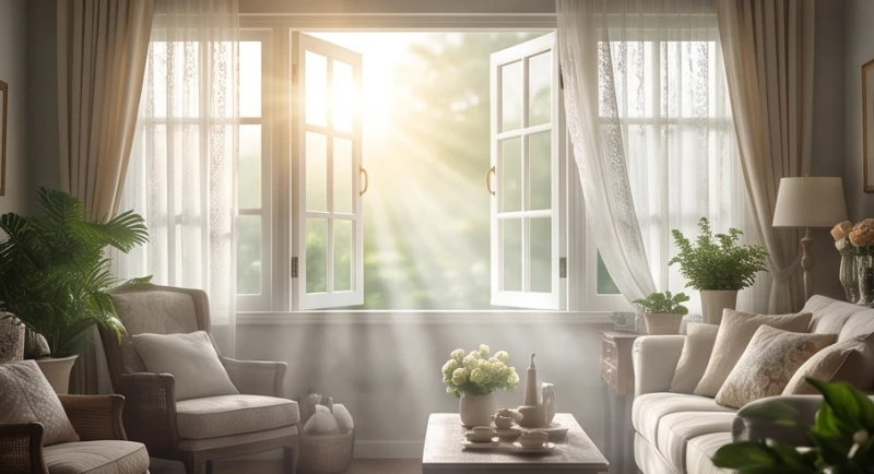 Ánh sáng ban mai ấm áp tràn vào căn phòng xua tan lớp sương mù u ám đại diện cho sự thay đổi sinh khí