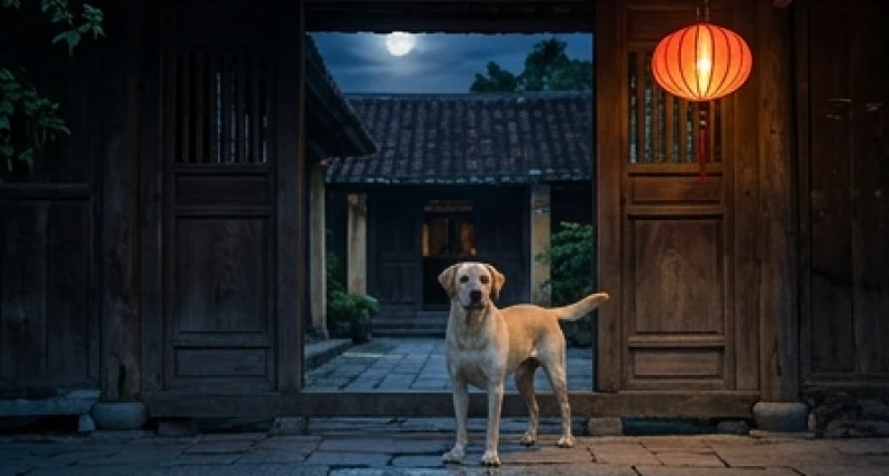Chú chó lông vàng đứng hiên ngang trước cổng nhà gỗ cổ sủa vang cảnh báo trong màn đêm tĩnh mịch
