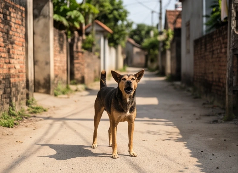 Bị chó sủa là điềm gì? Giải mã ý nghĩa và cách xử lý an toàn 5 Con chó với dáng điệu hung dữ đứng chặn ngang đường đất nhỏ và sủa gắt gỏng vào ban ngày