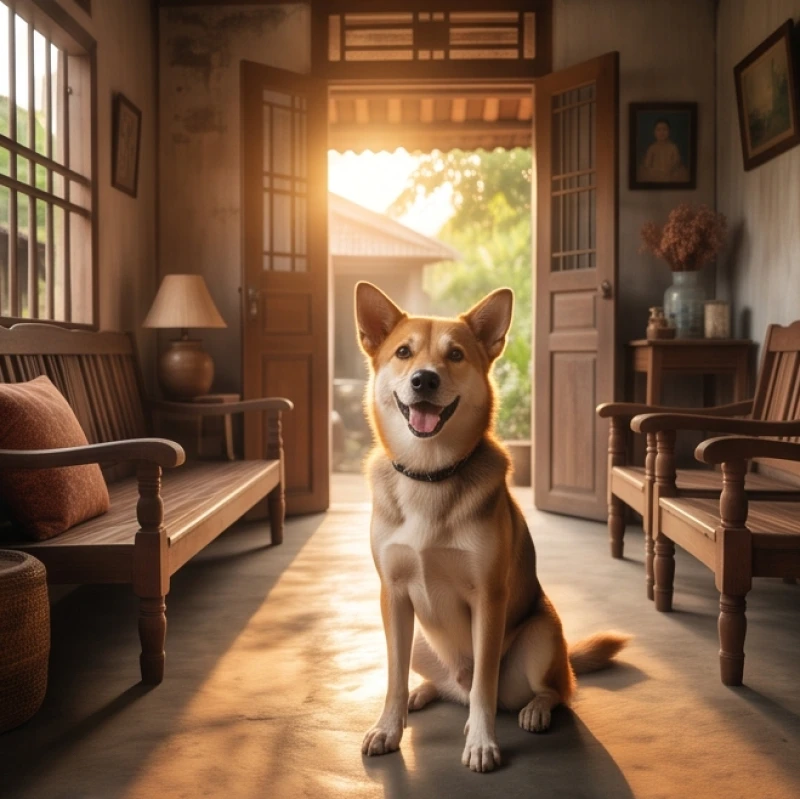 Mơ thấy nuôi chó: Giải mã điềm báo tâm linh và sổ mơ tài lộc 2 Chú chó ngoan ngoãn ngồi trong phòng khách mộc mạc đang vẫy đuôi chờ được người chủ mới nhận nuôi