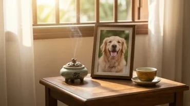 Không gian tĩnh lặng với khung ảnh kỷ niệm thú cưng, giúp xoa dịu âu lo về việc chó chết trong nhà là điềm gì