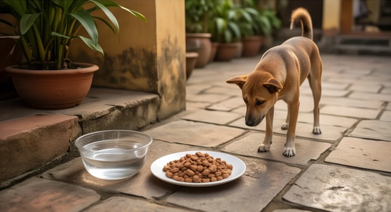Bát nước sạch và phần thức ăn tươm tất được đặt cẩn thận ở một góc sân râm mát dành cho động vật đi lạc