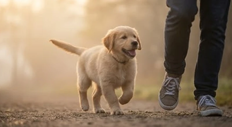 Chú chó con đáng yêu đang vẫy đuôi vui vẻ và chạy theo quấn quýt dưới chân một người
