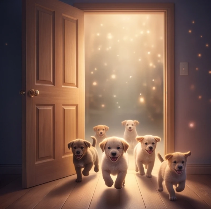 Một bầy chó con vui vẻ chạy ùa vào trong nhà mang theo vận khí cát tường và nguồn sinh khí dồi dào
