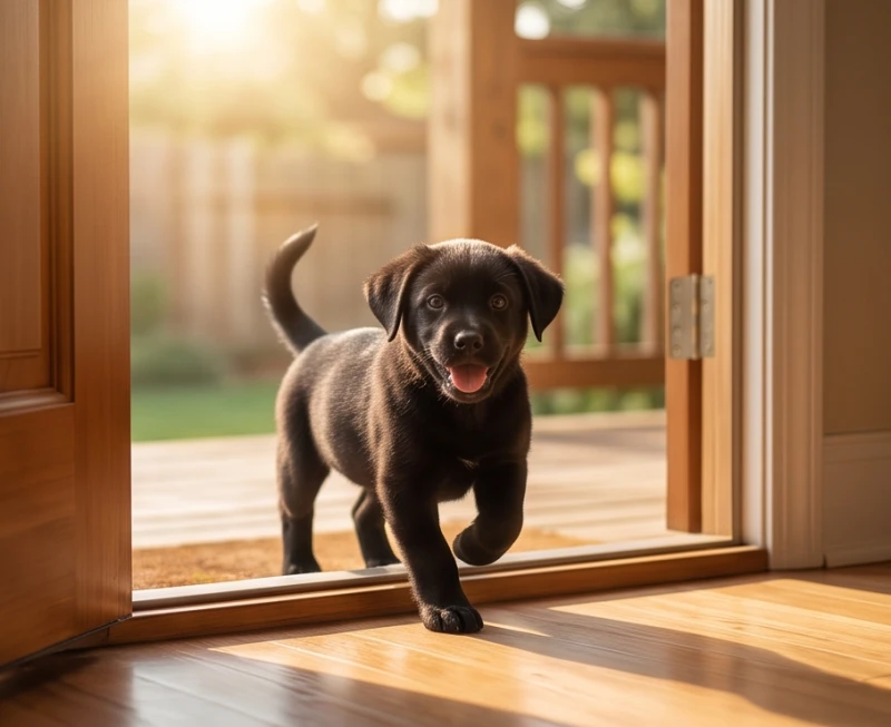 Chú chó đen nhỏ vẫy đuôi vui mừng bước qua ngưỡng cửa nhà gỗ dưới ánh nắng ban mai