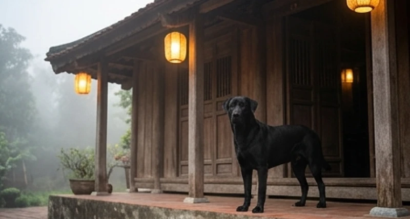 Chú chó mực đứng gác trước hiên nhà gỗ truyền thống tỏa ra năng lượng bảo vệ mạnh mẽ