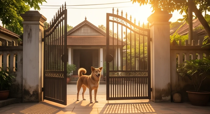 Chú chó đứng ngoài cổng sắt ngước nhìn vào trong sân ngập tràn ánh bình minh rực rỡ