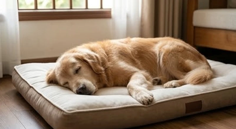 Chó chết trong nhà là điềm gì: Phân biệt điềm báo & cách xả xui 1 Một chú chó già lông vàng đang nằm ngủ bình yên trên tấm đệm sạch sẽ trong phòng khách