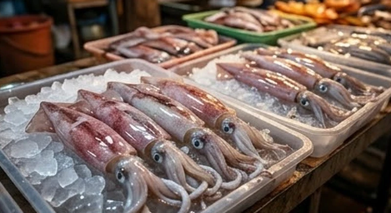 Những khay mực tươi rói bày bán tại khu chợ hải sản sầm uất đại diện cho cơ hội giao dịch thương mại thành công