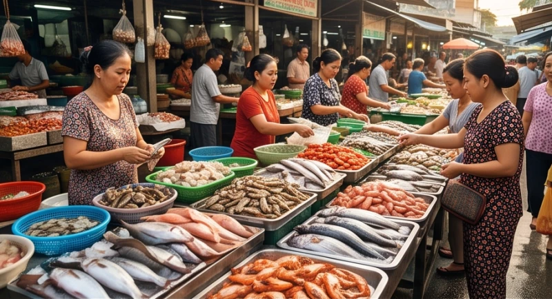 Khu chợ hải sản ngập tràn tôm cá tươi sống thu hút đông đảo người mua bán