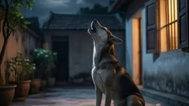 Một chú chó ngửa cổ tru dài dưới ánh trăng mờ ảo trong sân vườn, thể hiện rõ hiện tượng chó hú ban đêm là điềm gì