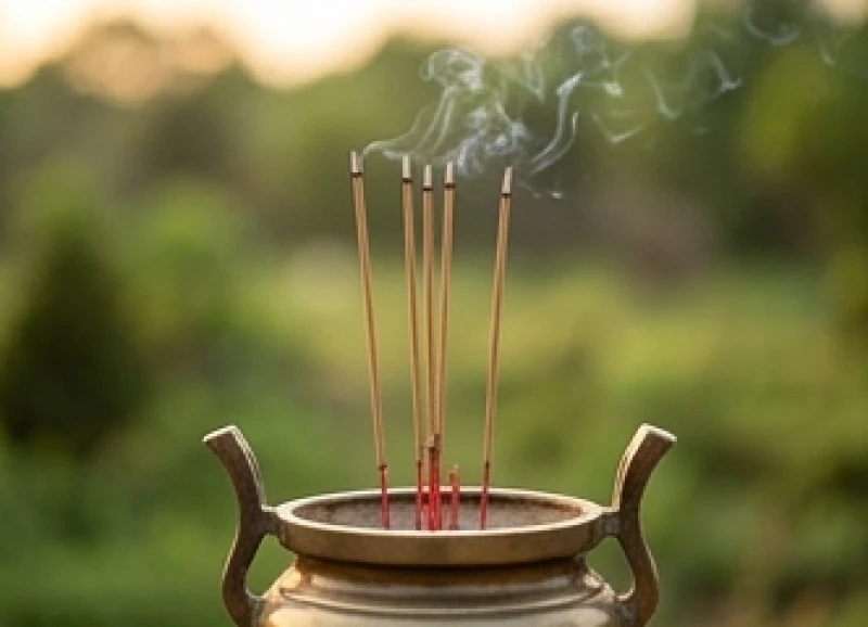 Văn khấn động thổ xây mộ: Bài cúng chuẩn và nghi thức tạ lễ 8 Nén nhang đang cháy tỏa khói mờ ảo trên bát hương đặt cạnh mâm cúng khai huyệt ngoài trời