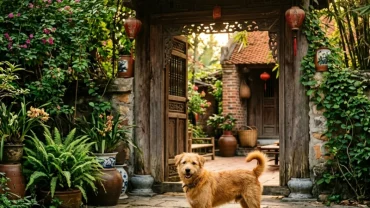 Một chú chó nhỏ đứng bên ngoài cánh cổng gỗ ngôi nhà Việt Nam sạch sẽ sau khi xử lý hiện tượng chó ỉa trước cửa nhà