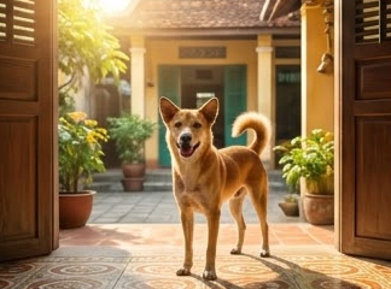 Một chú chó thân thiện bước vào sân nhà với dáng vẻ vẫy đuôi mừng rỡ, mang theo vượng khí