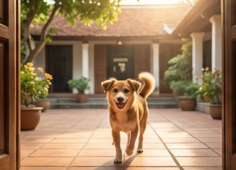 Điềm báo sắp có tin vui: Dấu hiệu nhận biết và cách giữ trọn lộc 5 Chú chó nhỏ vui vẻ vẫy đuôi tung tăng chạy vào khoảng sân gạch ngập tràn ánh nắng ban mai