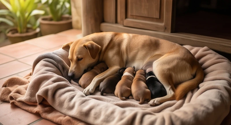 Chó mẹ hiền lành nằm ủ ấm đàn chó con mới sinh trên chiếc ổ đệm lót cẩn thận góc hiên