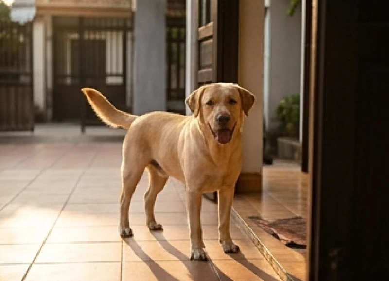 Chó ỉa trước cửa nhà là điềm gì? Giải mã tâm linh & cách xử lý 1 Một chú chó lông vàng đứng vẫy đuôi trước cổng nhà mang lại nguồn sinh khí tươi mới