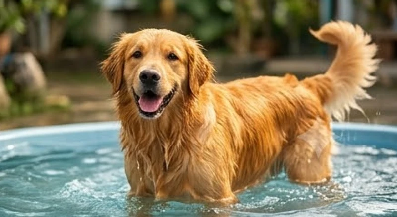 Mơ thấy tắm cho chó: Giải mã điềm báo và con số may mắn 8 Chú chó có bộ lông vàng óng ả đang vui vẻ vẫy đuôi tận hưởng làn nước mát lành