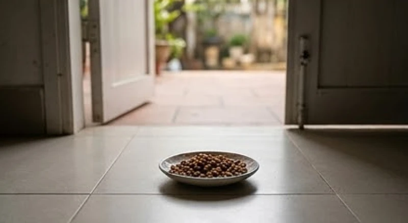 Mèo lạ vào nhà là điềm gì: Điềm báo và cách xử lý nhân văn 7 Đĩa hạt khô dành cho mèo được đặt trên sàn nhà cách xa vị trí con người để đảm bảo an toàn