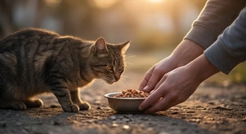 Mơ thấy mèo hoang: Phân biệt mèo nhà & bộ số phong thủy chuẩn 6 Đôi bàn tay nhẹ nhàng đặt bát thức ăn xuống cho một chú mèo hoang đang đói bụng trên vỉa hè