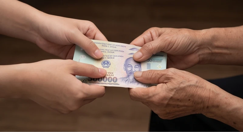 Đôi bàn tay kính cẩn đưa những tờ tiền phẳng phiu cho một người cao tuổi