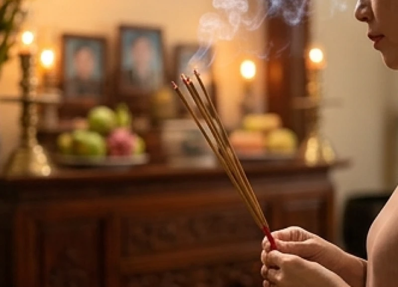 Đợi đầu nén nhang cháy đỏ đều và lan tỏa khói thơm trước khi tiến hành cầu nguyện