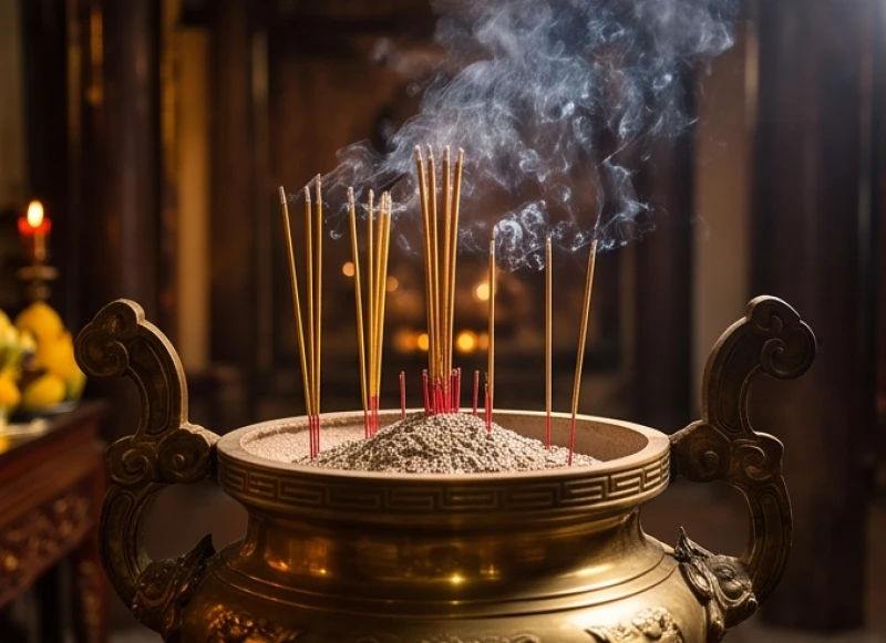 Những nén nhang đang cháy dở tỏa khói mờ ảo trong lư hương bằng đồng