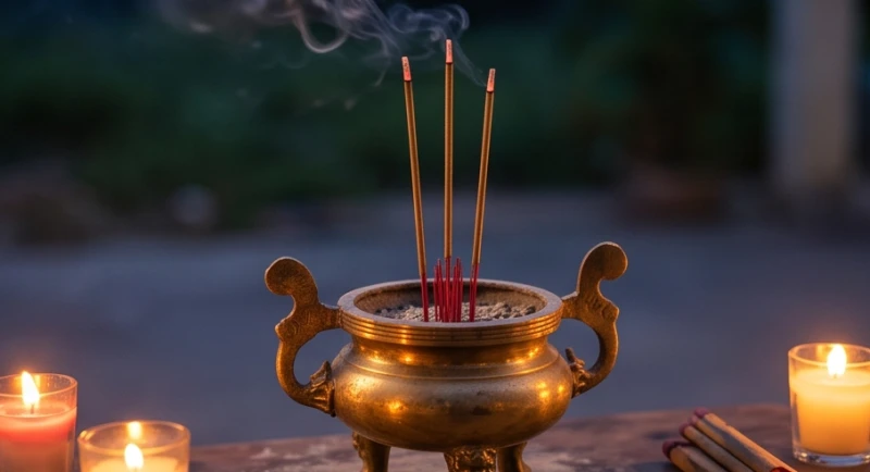 Ba nén nhang cháy dở trên mâm cúng trong lúc chờ đợi để hóa vàng sau khi đọc văn khấn giải hạn Tam Tai