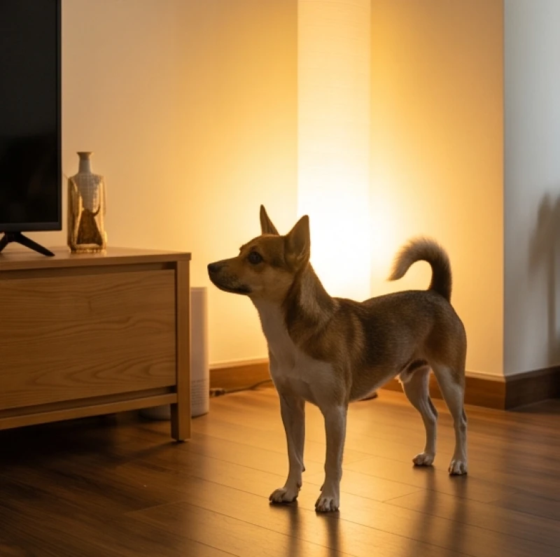 Chú chó nhỏ đứng tập trung và sủa cảnh báo về phía một góc phòng khách đang bật sáng đèn