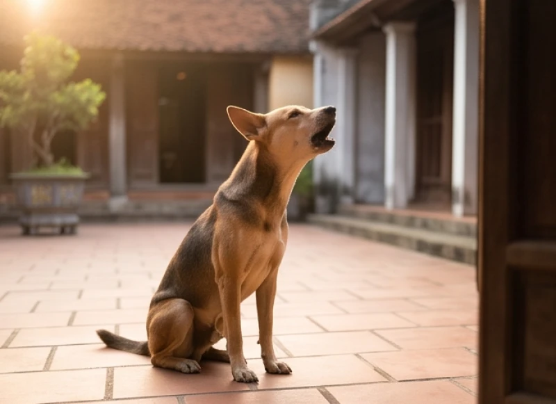 Bị chó sủa là điềm gì? Giải mã ý nghĩa và cách xử lý an toàn 2 Chú chó vểnh tai chú ý lắng nghe và sủa về hướng khoảng sân trống vắng lặng