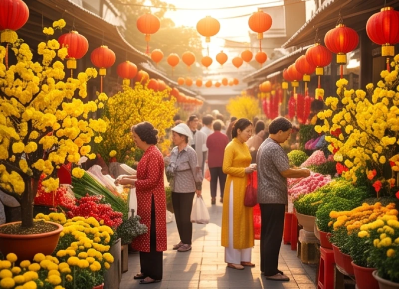 Mơ thấy chúc Tết: Giải mã chi tiết điềm báo và con số tài lộc 7 Không khí tấp nập tại khu chợ xuân với muôn vàn sắc hoa đào và hoa mai khoe sắc rực rỡ